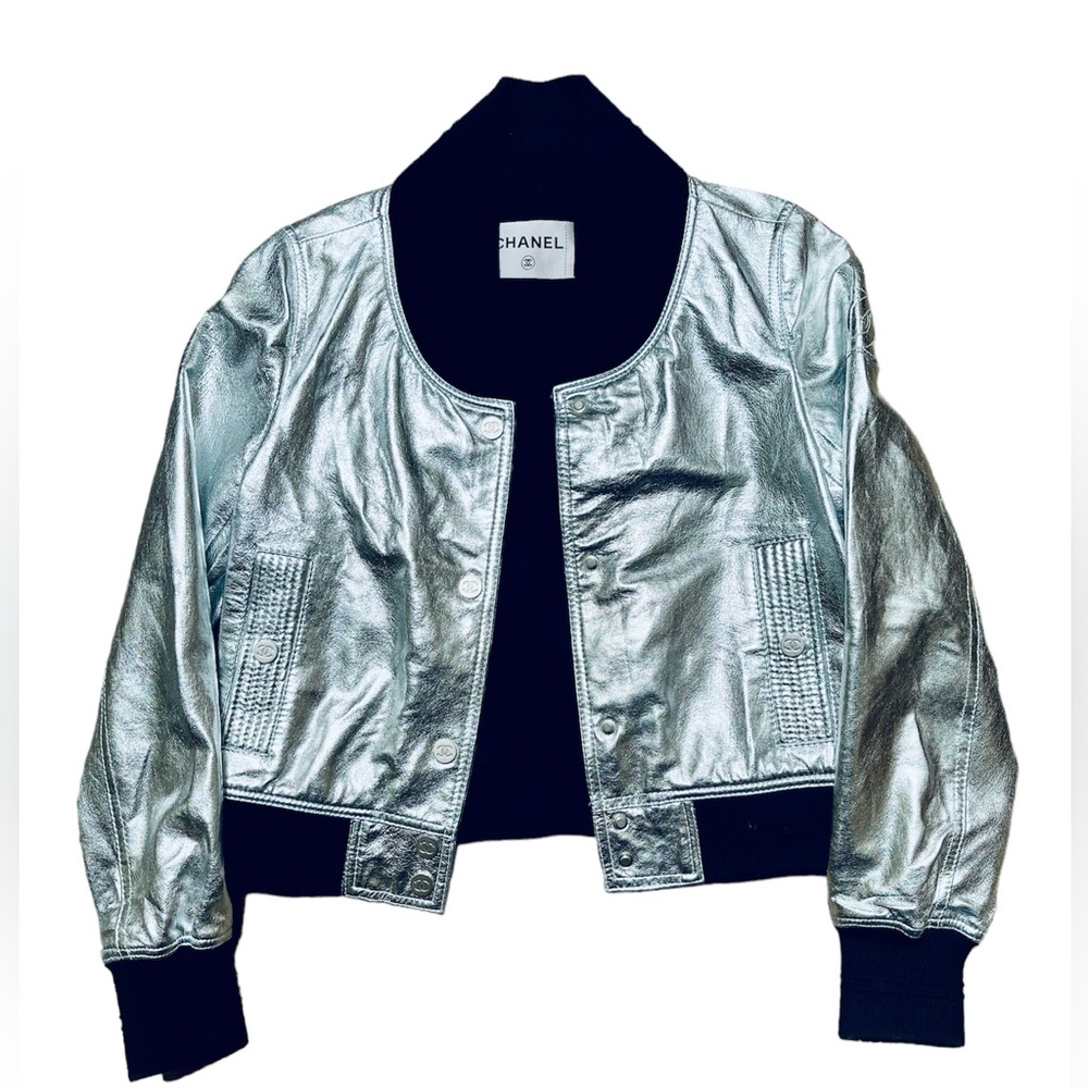 Chanel Metallic Silver Bomber Jacket. Preowned, in great condition.
